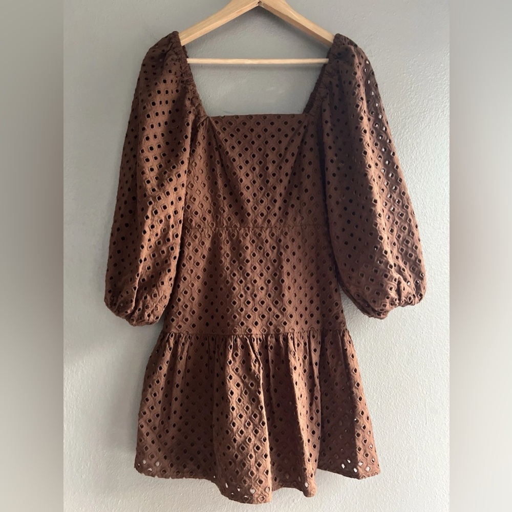 Brown Eyelet Puff-Sleeve Mini Dress - Express